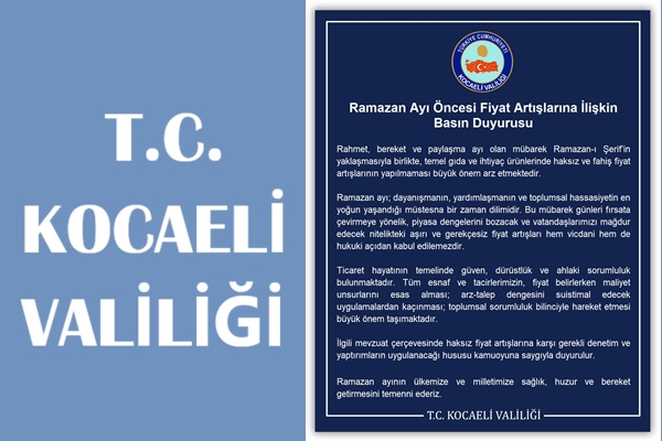 Valilikten Ramazan Ayı Öncesi Fiyat Artışlarına İlişkin Basın Duyurusu