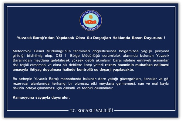 Yuvacık Barajı’ndan Yapılacak Olası Su Deşarjları Hakkında Basın Duyurusu