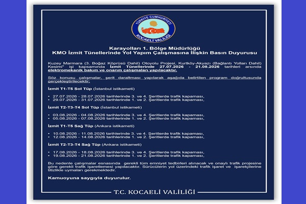 Karayolları 1. Bölge Müdürlüğü KMO İzmit Tünellerinde Yol Yapım Çalışmasına İlişkin Basın Duyurusu