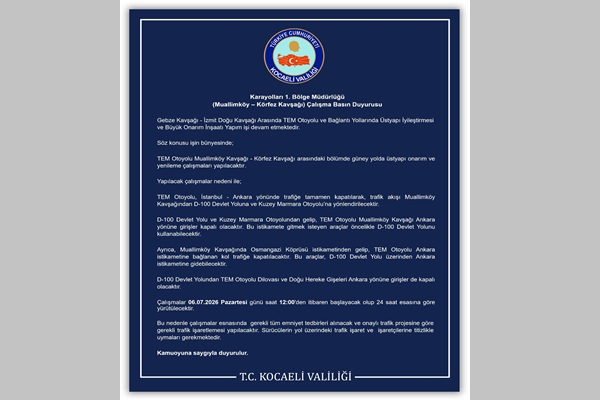 Karayolları 1. Bölge Müdürlüğü (Muallimköy – Körfez Kavşağı) Çalışma Basın Duyurusu