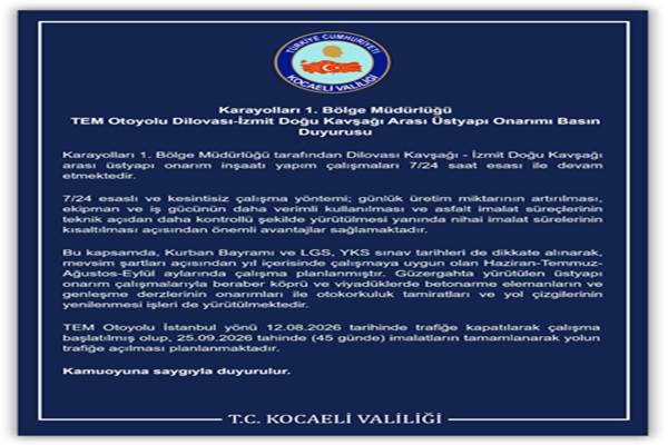 Karayolları 1. Bölge Müdürlüğü Basın Duyurusu
