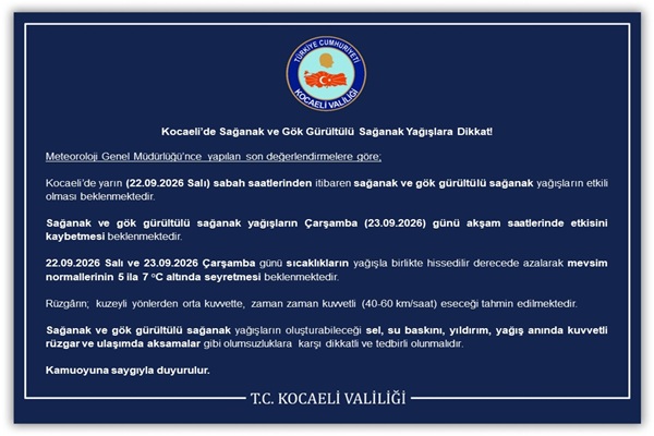 Kocaeli’de Sağanak ve Gök Gürültülü Sağanak Yağışlara Dikkat!