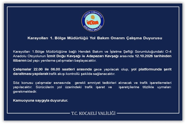 Karayolları 1. Bölge Müdürlüğü Yol Bakım Onarım Çalışma Duyurusu