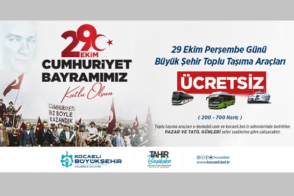 Kocaeli’de 29 Ekim’de toplu ulaşım ücretsiz