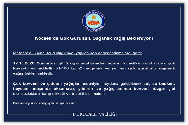 Kocaeli’de Gök Gürültülü Sağanak Yağış Bekleniyor!